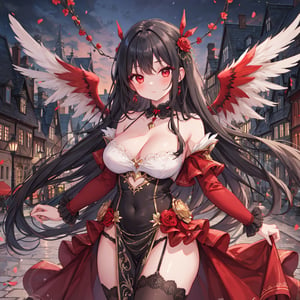 magic Girl with black Doubletailhair and beautiful detailed red eyes.
European city scenery background.