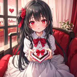 1 girl with long black hair and red eyes.
Valentine's Day Give chocolates.