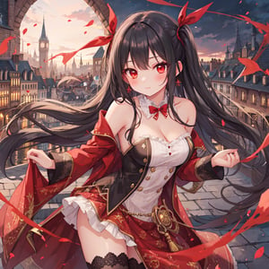 magic Girl with black Doubletailhair and beautiful detailed red eyes. European city scenery background.