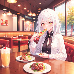 1 Girl with white hair and beautiful detailed golden eyes. 
Eating at a family restaurant.