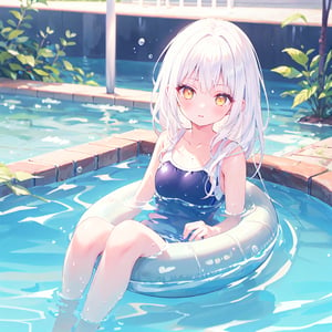1 Girl with white hair and beautiful detailed golden eyes.
Swimming lessons in school swimwear.