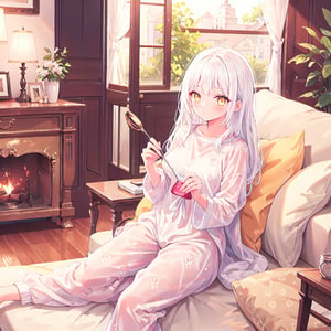 1 Girl with white hair and beautiful detailed golden eyes. 
Wearing loungewear. 