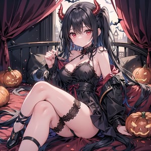 1 woman with long black hair and red eyes Wearing as a sexy devil on the halloween. 