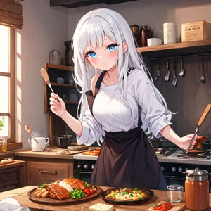 1 woman with long white hair and blue eyes.
Cooking and table food.