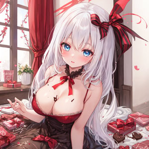 1 woman with long white hair and beautiful detailed blue eyes.
Valentine's Day Give chocolates.