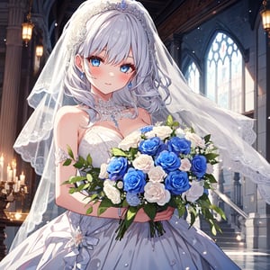 1 Girl with white hair and beautiful detailed blue eyes.
Dressed as a bride Get the bouquet.
