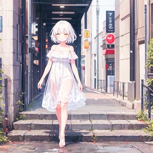 1 Girl with white hair and beautiful detailed golden eyes.
Walking down the street in a dress