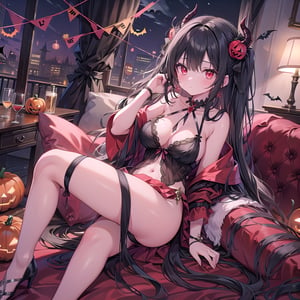 1 woman with long black hair and red eyes Wearing as a sexy devil on the halloween. 