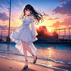 1 girl with black hair and red eyes,full body, white dress.
Sunset background,style,masterpiece.,light