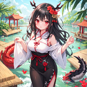 1 girl with long black hair and red eyes.
Send rice dumplings during the Dragon Boat Festival.