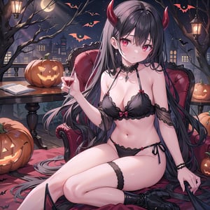 1 woman with long black hair and red eyes Wearing as a sexy devil on the halloween. 