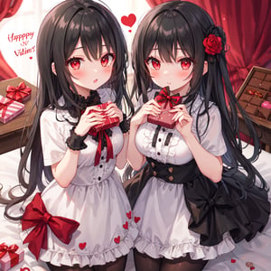 1 girl with long black hair and red eyes.
Valentine's Day Give chocolates.