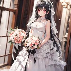 1 woman with long black hair and beautiful detailed red eyes. 
Dressed as a bride Get the bouquet.