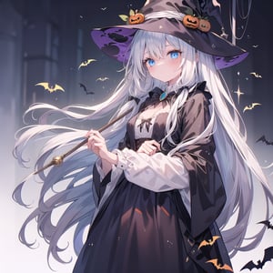 1 woman with long white hair and blue eyes Wearing as a Witch on the halloween. 