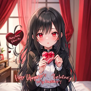 1 girl with long black hair and red eyes,
Valentine's Day Give chocolates