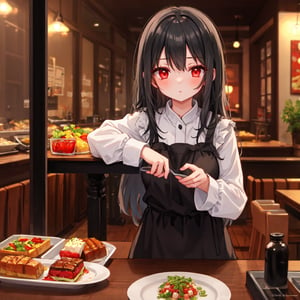 1 girl with long black hair and red eyes.
table cuisine.