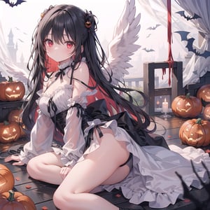 1 woman with long black hair and red eyes Wearing as a Angel on the halloween. 