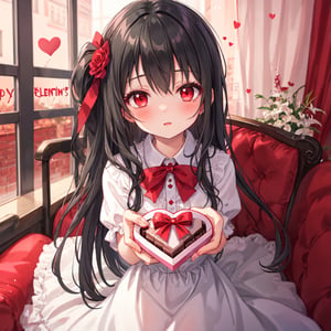 1 girl with long black hair and red eyes.
Valentine's Day Give chocolates.