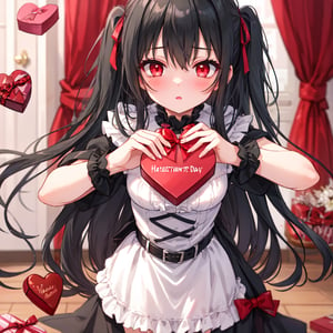 1 girl with long black hair and red eyes.
Valentine's Day Give chocolates.