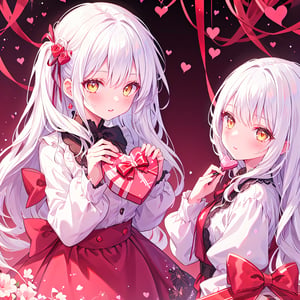 1 Girl with white hair and beautiful detailed golden eyes.
Valentine's Day Give chocolates.