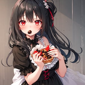 1 girl with long black hair and red eyes,eat sweets.