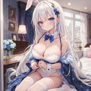 1 woman with long white hair and beautiful detailed blue eyes.
Dressed as a bunny_girl.