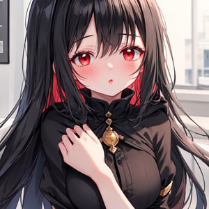 1 girl with long black hair and red eyes.
Incoming kiss.