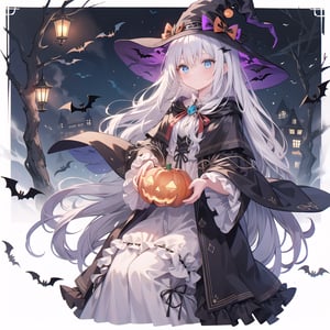 1 woman with long white hair and blue eyes Wearing as a Witch on the halloween. 