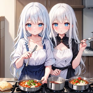 1 woman with long white hair and blue eyes.
Cooking.