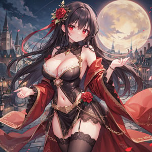 magic Girl with blackhair and beautiful detailed red eyes.
European city scenery background.