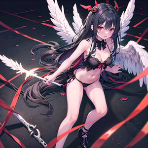 1 woman with long black hair and red eyes Wearing as a Angel on the halloween.