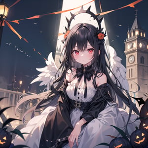 1 woman with long black hair and red eyes Wearing as a Angel on the halloween.