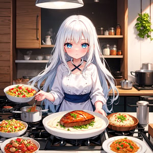 1 woman with long white hair and blue eyes.
Cooking and table food.