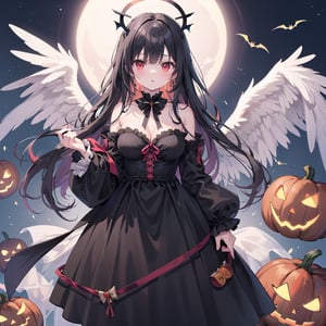 1 woman with long black hair and red eyes Wearing as a Angel on the halloween.