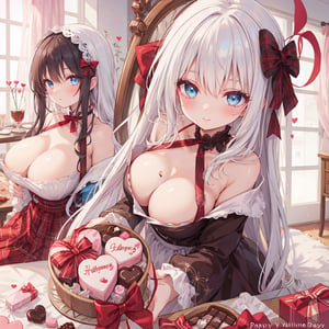 1 woman with long white hair and beautiful detailed blue eyes.
Valentine's Day Give chocolates.