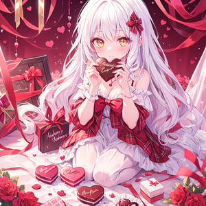 1 Girl with white hair and beautiful detailed golden eyes.
Valentine's Day Give chocolates.