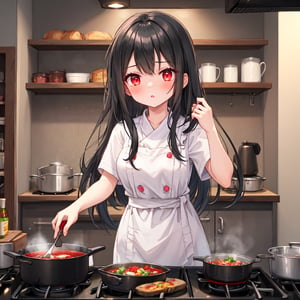 1 girl with long black hair and red eyes.
cooking.