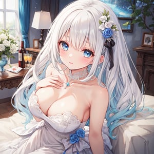 1 woman with long white hair and blue eyes.
Dressed as a bride.