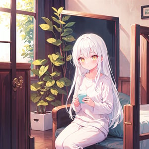 1 Girl with white hair and beautiful detailed golden eyes. 
Wearing loungewear.