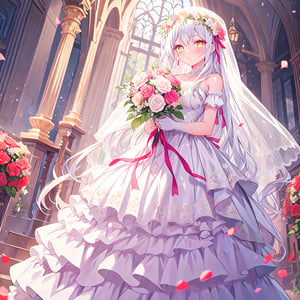1 Girl with long white hair and beautiful detailed golden eyes.
Dressed as a bride Get the bouquet.