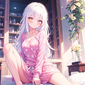 1 Girl with white hair and beautiful detailed golden eyes.
Wearing loungewear,
