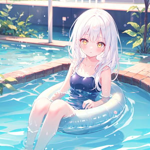1 Girl with white hair and beautiful detailed golden eyes.
Swimming lessons in school swimwear.