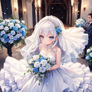 1 woman with long white hair and beautiful detailed blue eyes.
Dressed as a bride Get the bouquet.