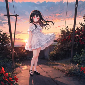 1 girl with black hair and red eyes,full body, white dress.
Sunset background,style,masterpiece.,light