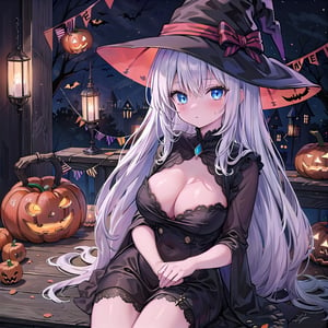 1 woman with long white hair and blue eyes Wearing as a Witch on the halloween. 