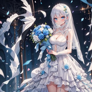 1 woman with long white hair and beautiful detailed blue eyes.
Dressed as a bride Get the bouquet.