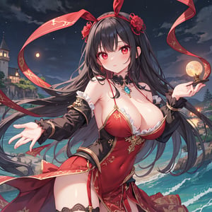 magic Girl with black Doubletailhair and beautiful detailed red eyes. 
Island landscape background.
