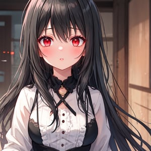 1 girl with long black hair and red eyes.
kissing.