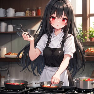 1 girl with long black hair and red eyes.
cooking.