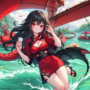 1 girl with long black hair and red eyes.
Dragon Boat Festival.